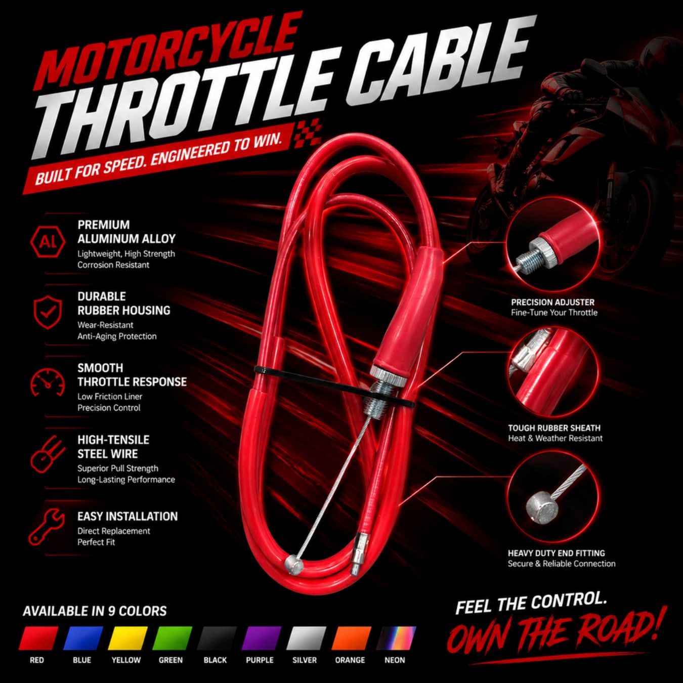 Universal Motorcycle Throttle Cable| Colorful Clutch Cable| Mechanical Steel Wire Smooth Control Cable Suitable For CRF150F CRF230F TTR125 TTR230 Kawasaki KLX140 50cc-250cc Dirt Bike Pit Bike ATV