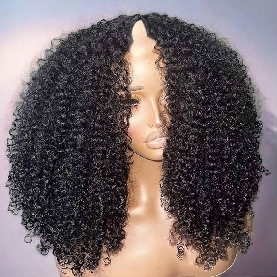 V Part Curly Wave Human Hair Wig V Shape Water Weave Glueless U Part Wigs With Clips Beginner Friendly No Lace No Glue 200% Density