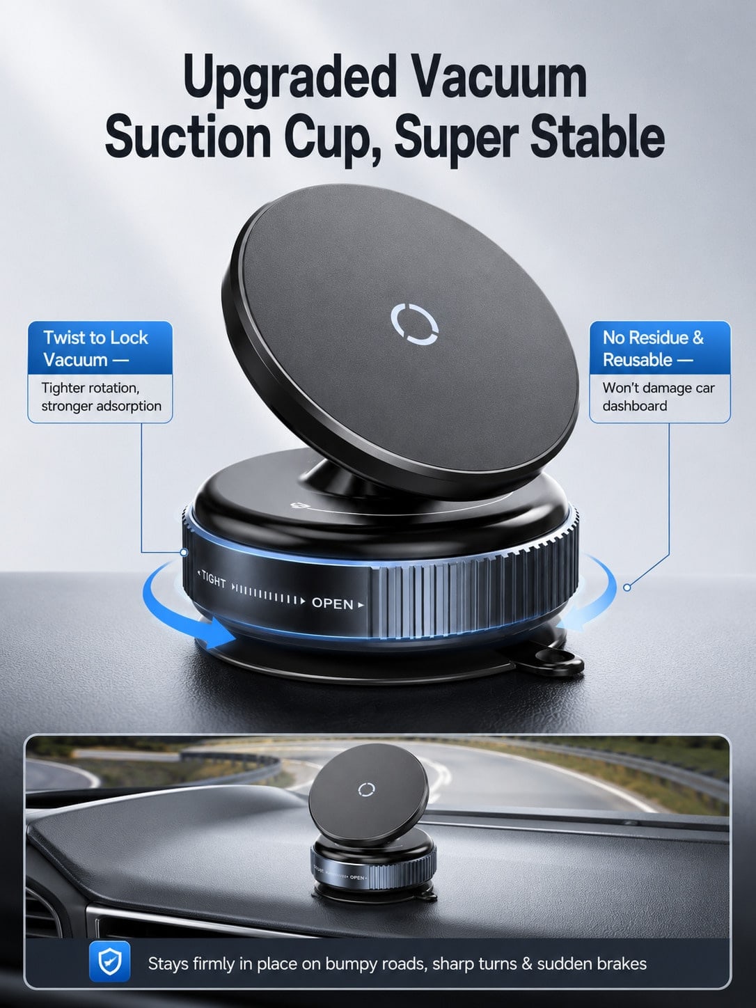 Vacuum Suction Cup Magnetic Car Phone Holder, 360° Rotatable Dashboard & Windshield Phone Mount, Twist Lock Strong Adsorption Anti-Shake Reusable Magnetic Phone Holder For Driving Navigation