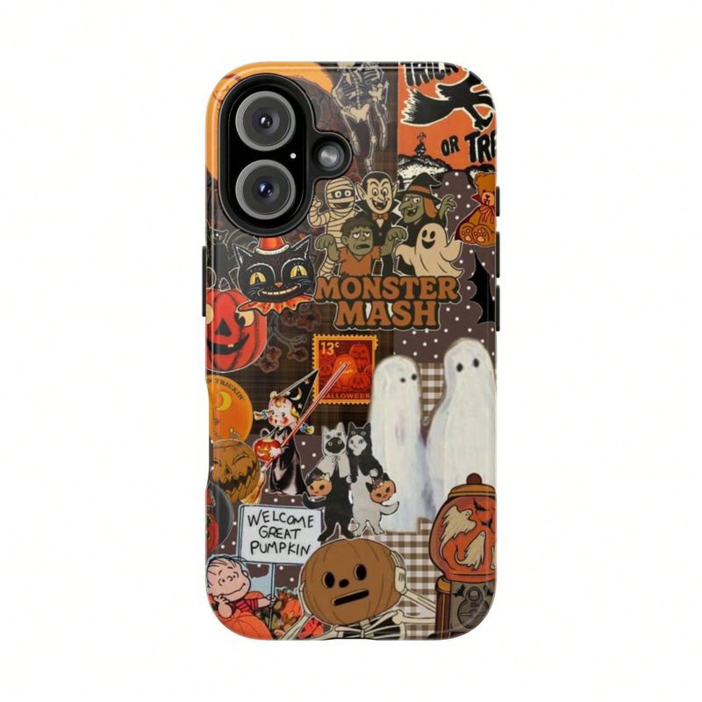 Vintage Monster Halloween Phone Case, Spooky Retro Collage Phone Case For IPhone 16 15 14 13 12 11 Pro Max XS, Ghost & Pumpkin Collage Tough Case, Waterproof, Durable Shockproof For Women & Men Phone
