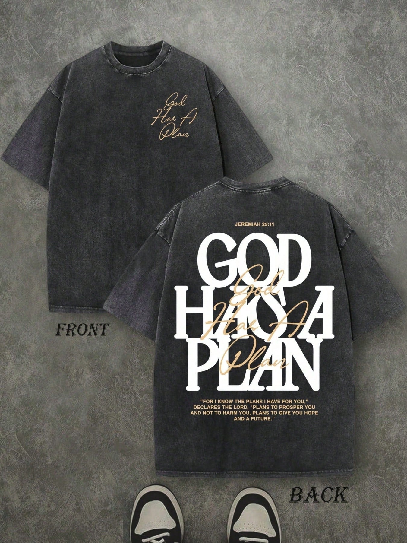 Vintage Washed T-Shirt Double Sided Printed, Religious Themed GOD HAS A PLAN Typography Print, Comfortable, Fashionable Tee, Street Style Cotton