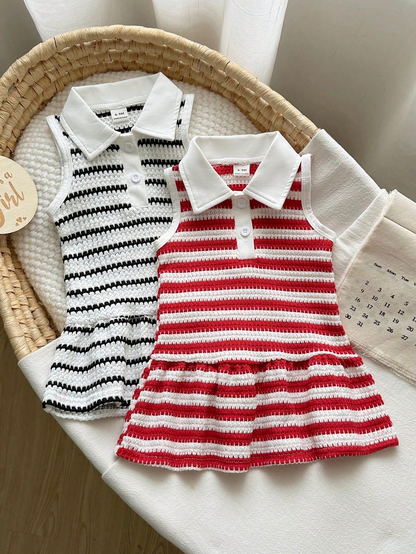 Vintaside Kids 2pcs Baby Girls Collablack And White Red And White Polo Sleeveless Knit Dress With Ruffle Hem, Cute Casual Sundress, Suitable For Summer Daily Wear