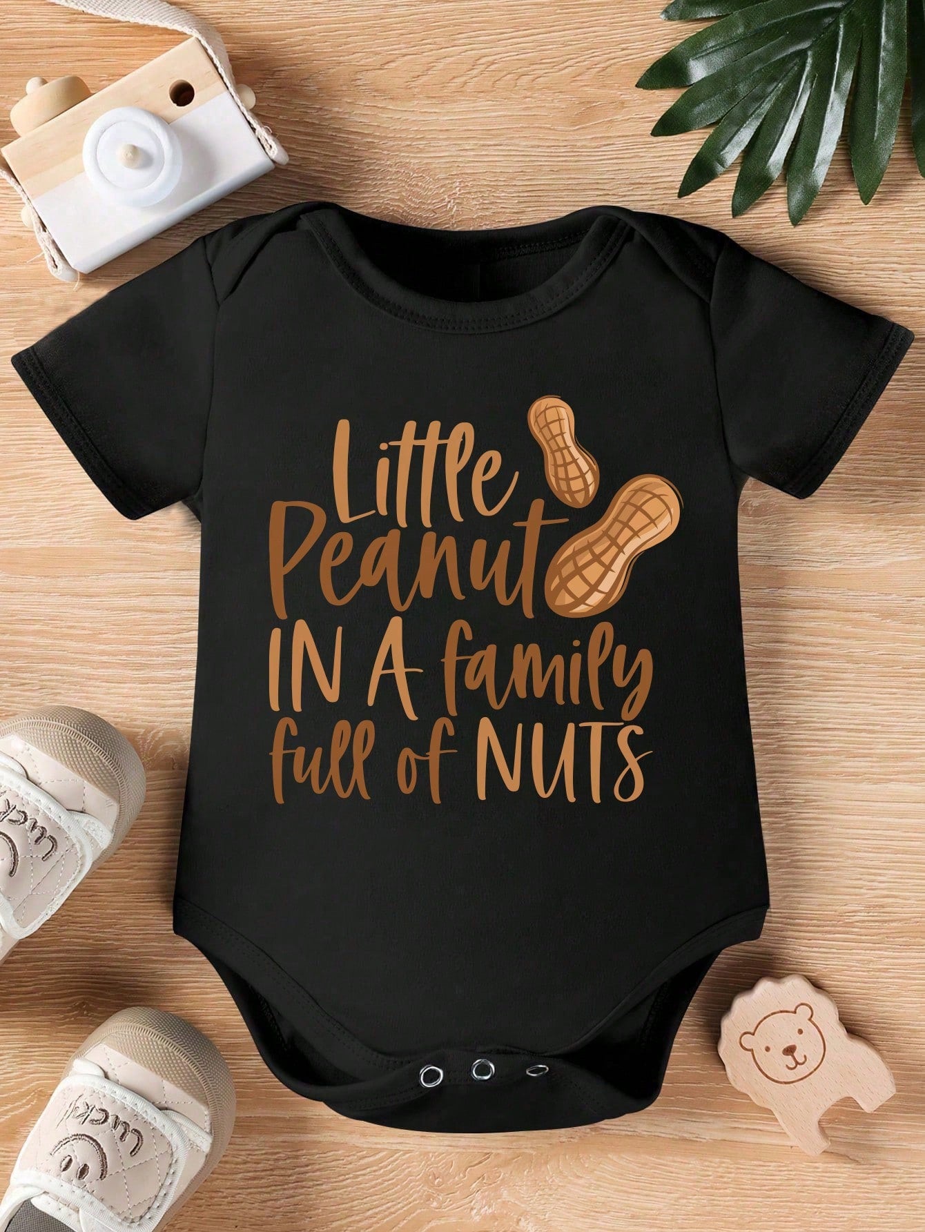Vintaside Kids Baby Boy Summer Casual Cute Cartoon Peanut Ombre Foil Print Letter Slogan Bodysuit Nursery Black