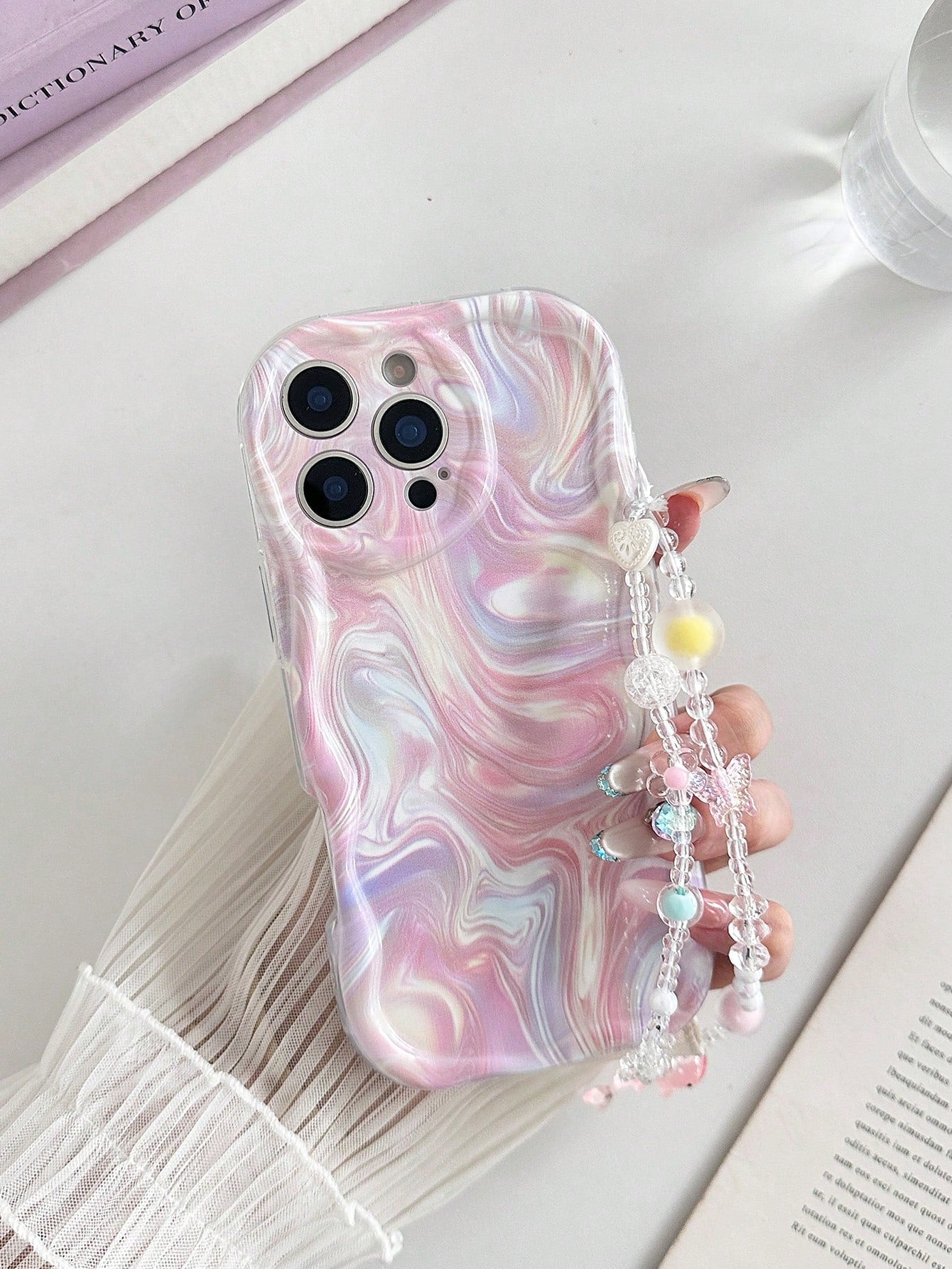 Water Ripple Painted Anti-Drop Precision Hole Cream Texture Transparent With Additional Bracelet Fashion Minimalist Anti-Drop Phone Case Compatible With Ip 17 Ip 17 Pro Ip 17 Promax Ip16/Ip 15 XR/7/8