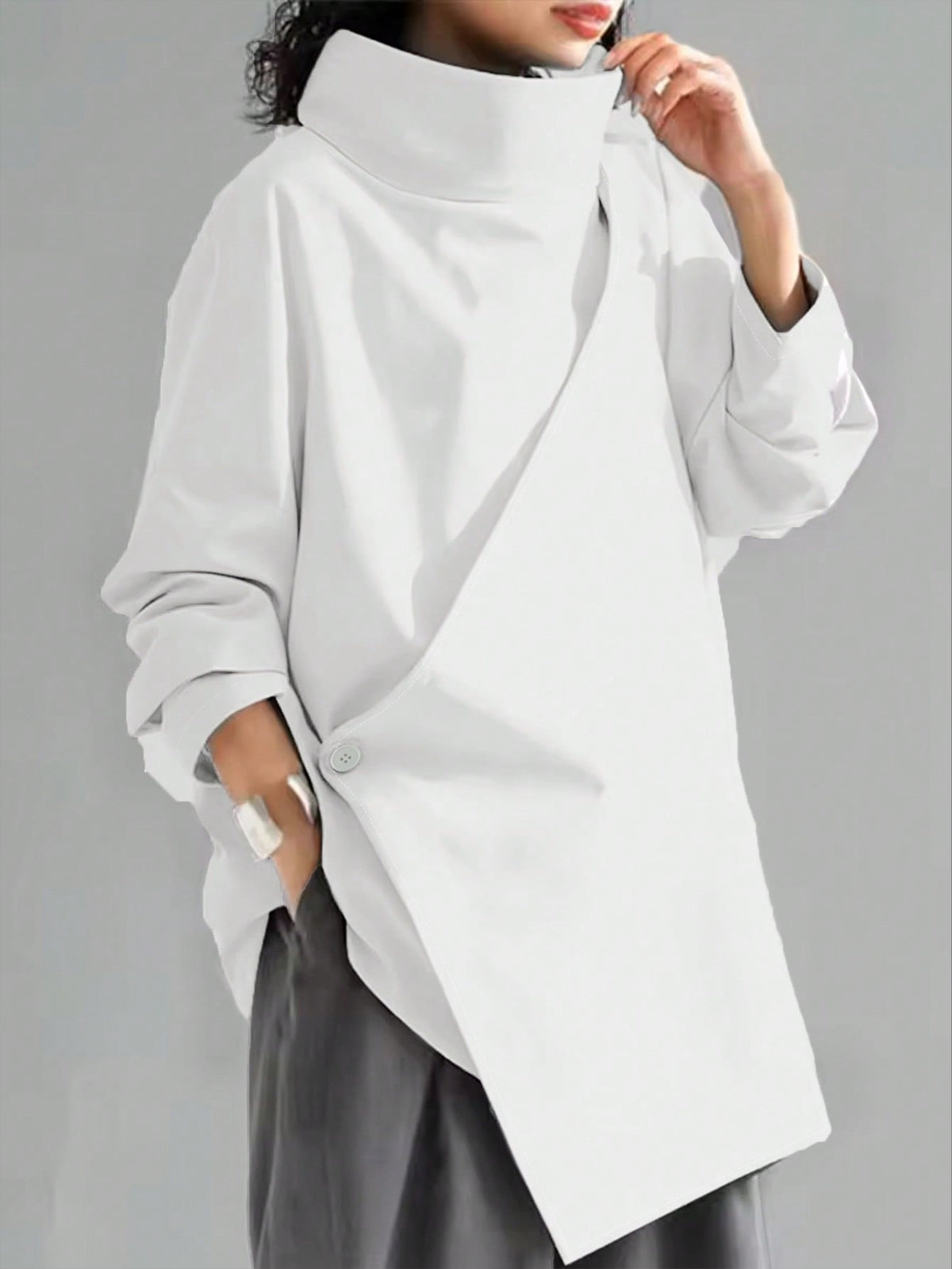 Women's Casual High Neck Loose Pullover Sweater, Solid Color Woven Fabric, Button Decor, Suitable For Office, Daily Wear, Vacation, Spring/Autumn White