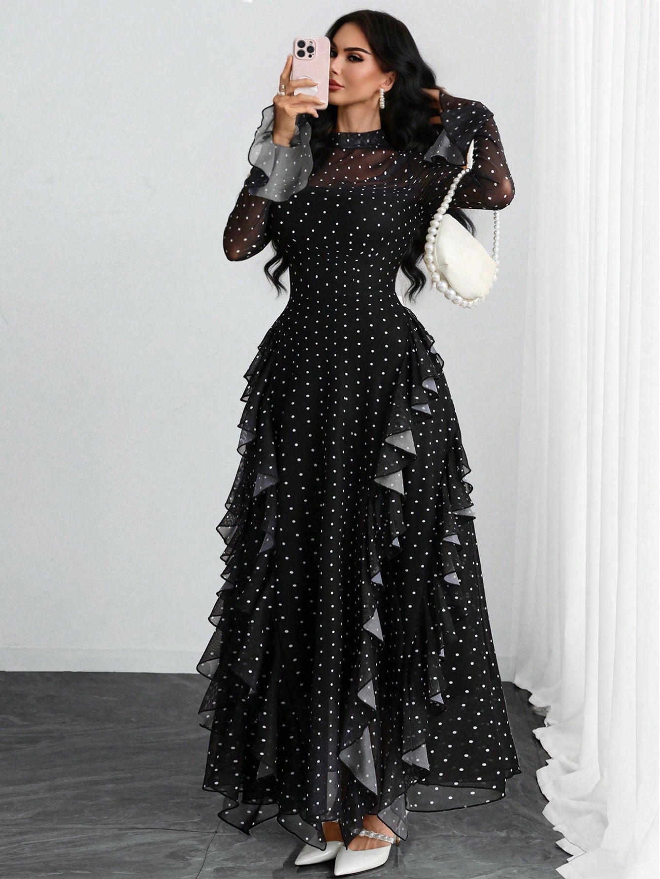Women's Elegant Sexy Retro Mandarin Collar Long Sleeve Y2K Romantic Ruffle Double Layer Long Sleeve Asymmetrical Abstract Leopard Print Dress, Suitable For Daily Dates, Holidays And Vacations Black