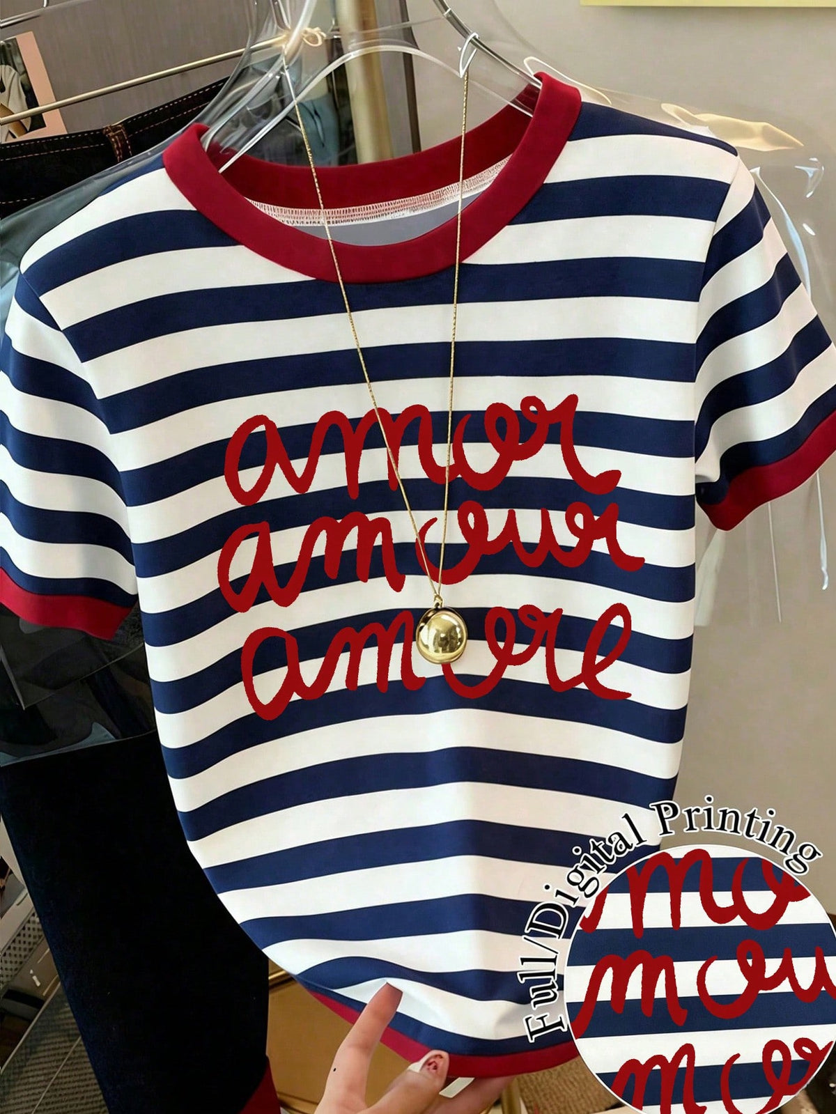 Women's Letter & Stripe Print Casual Round Neck Short Sleeve T-Shirt