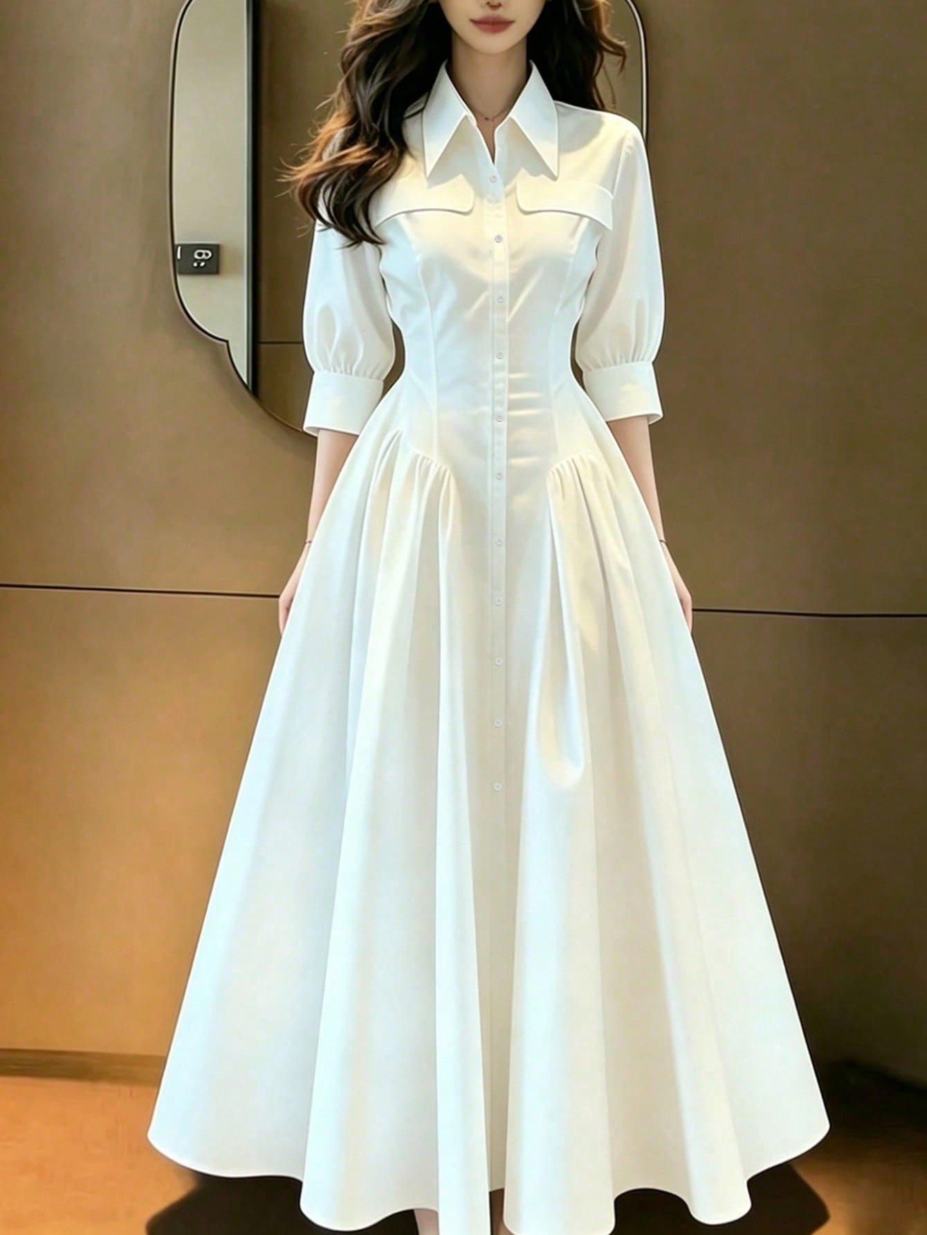Women's Long Summer Dress, White, Dress, Waist Cinched, Pleated Shirt Style Dress, Button Front, Casual Everyday Fashion Elegant
