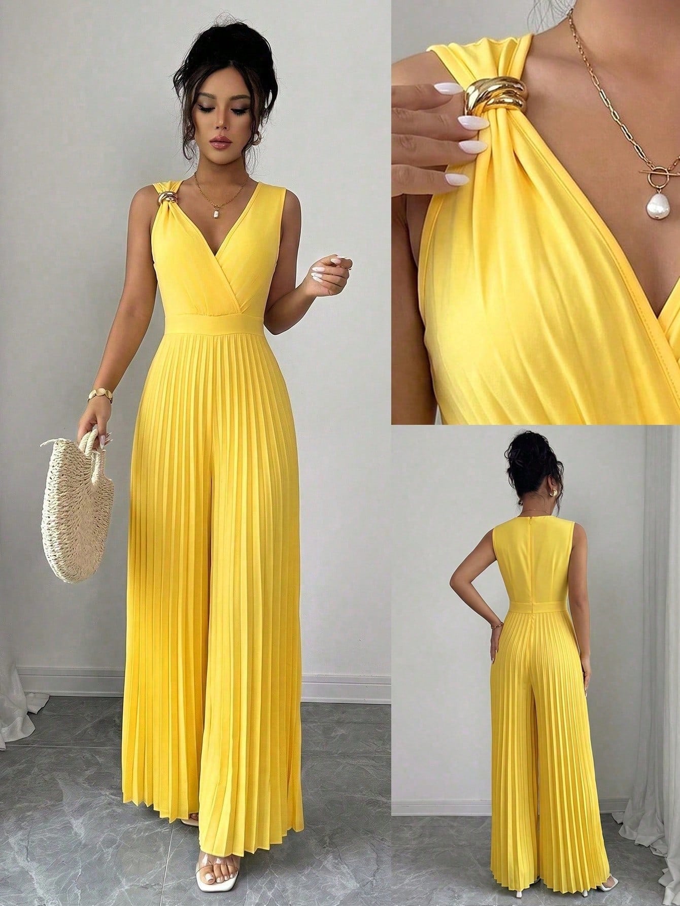 Women's Spring/Summer Elegant Commuter Yellow V-Neck Sleeveless Metal Buckle Pleated Ruched Waist Fitted Slim Jumpsuit