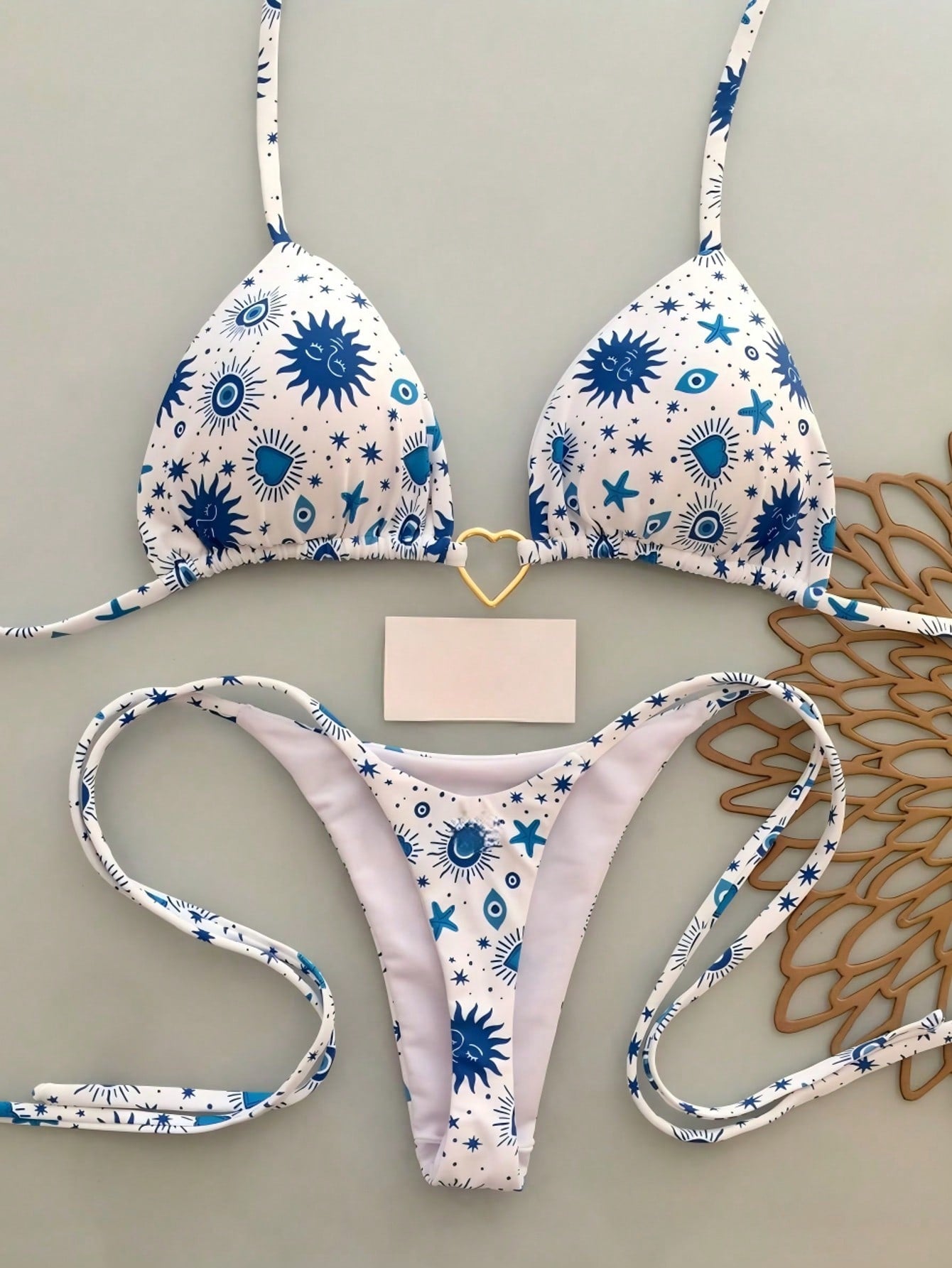 Women's Summer Beach Vacation Heart Metal Ring Decor Backless Tie Front Printed Bikini Set