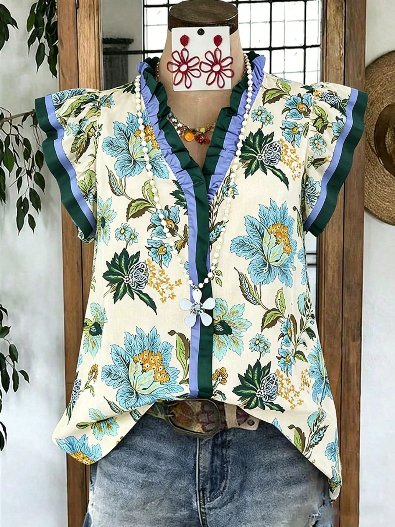 Women's V-Neck Ruffle Trim Floral Print Flutter Sleeve Blouse, Holiday Wear, Ladies' Vacation Top, Festival Vacation Beige Summer Boho