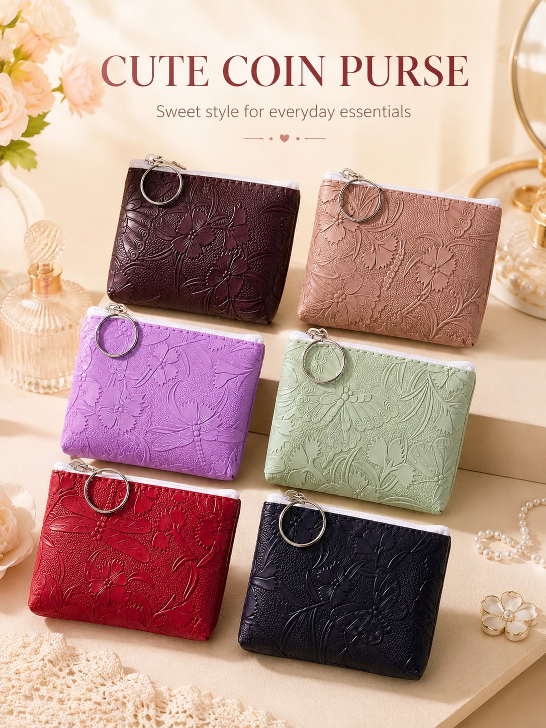 XD 12pcs/6pcs/3pcs/1pc Vintage Floral Coin Purse- Random Floral Pattern, With Metal Keychain, Multi-Functional Storage For Keys, Data Cables, Coins, Suitable For Daily Commute, Short Trips, Spring Ou