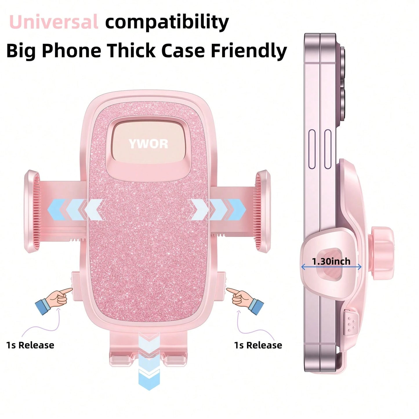 YWOR Pink Car Phone Holder, Universal Phone Mount, Suitable For Car Dashboard, Windshield, Window, Car Phone Stand, Compatible With Smartphones With Thick Cases, Christmas Gift