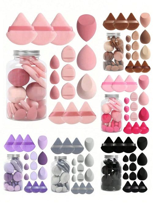 1/15pcs Makeup Sponge Set With Storage Box, Includes 3 Large Makeup Sponges, 3 Mini Makeup Sponges, 3 Large Powder Puffs, 3 Mini Powder Puffs And 3 Mini Finger Powder Puffs, Suitable For Liquid, Cream