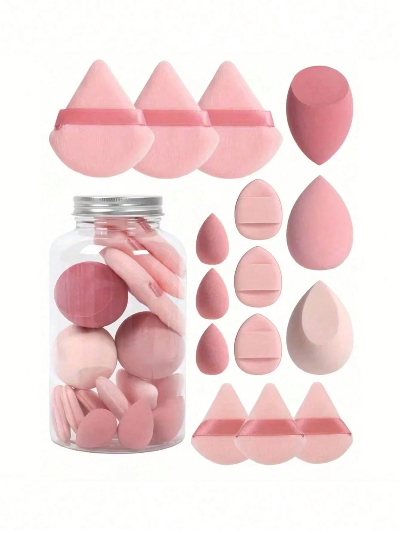 1/15pcs Makeup Sponge Set With Storage Box, Includes 3 Large Makeup Sponges, 3 Mini Makeup Sponges, 3 Large Powder Puffs, 3 Mini Powder Puffs And 3 Mini Finger Powder Puffs, Suitable For Liquid, Cream