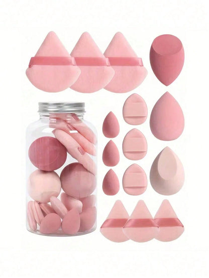 1/15pcs Makeup Sponge Set With Storage Box, Includes 3 Large Makeup Sponges, 3 Mini Makeup Sponges, 3 Large Powder Puffs, 3 Mini Powder Puffs And 3 Mini Finger Powder Puffs, Suitable For Liquid, Cream