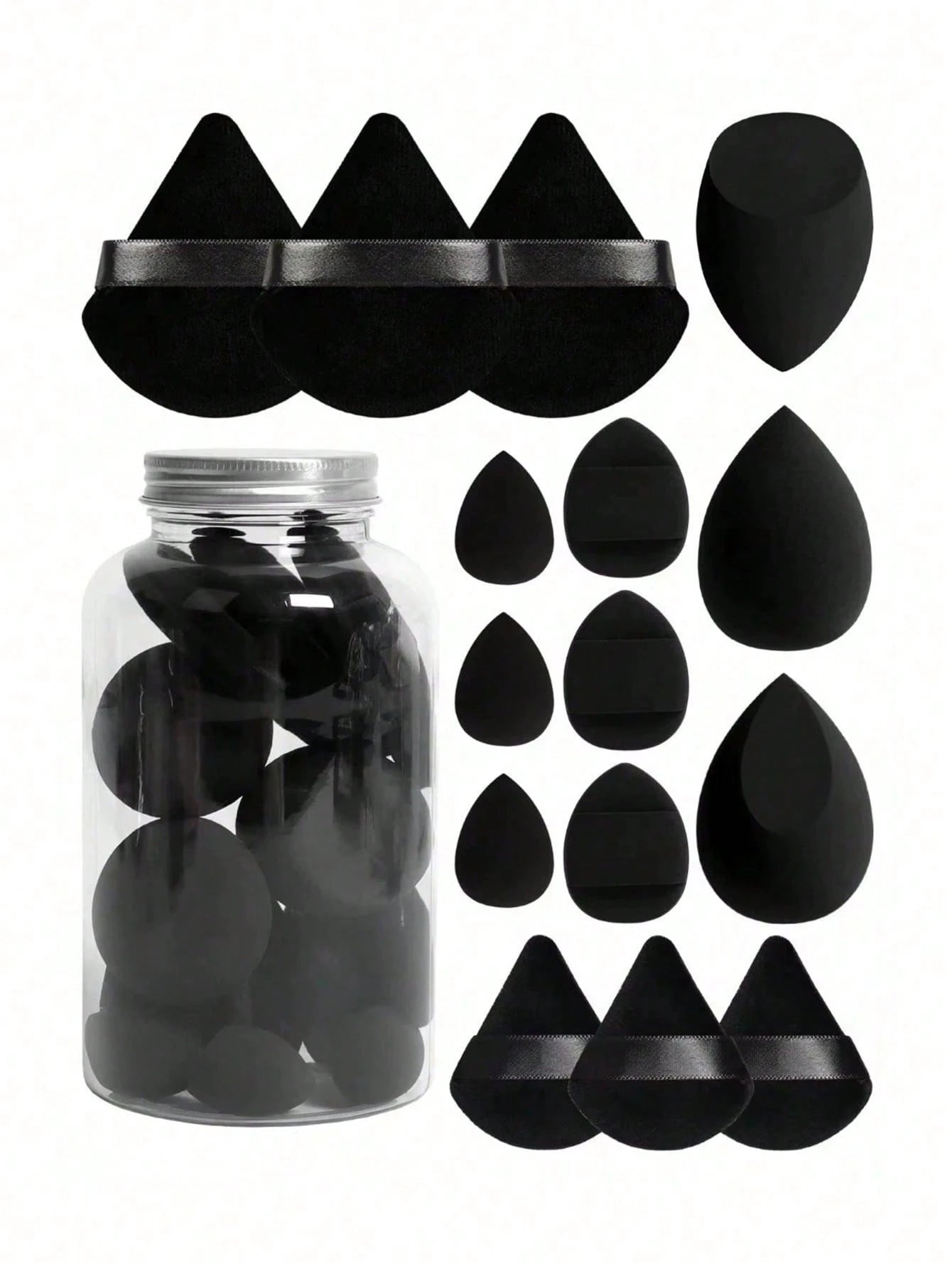 1/15pcs Makeup Sponge Set With Storage Box, Includes 3 Large Makeup Sponges, 3 Mini Makeup Sponges, 3 Large Powder Puffs, 3 Mini Powder Puffs And 3 Mini Finger Powder Puffs, Suitable For Liquid, Cream