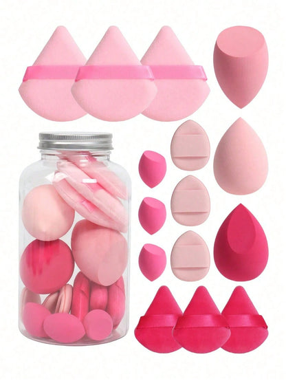 1/15pcs Makeup Sponge Set With Storage Box, Includes 3 Large Makeup Sponges, 3 Mini Makeup Sponges, 3 Large Powder Puffs, 3 Mini Powder Puffs And 3 Mini Finger Powder Puffs, Suitable For Liquid, Cream