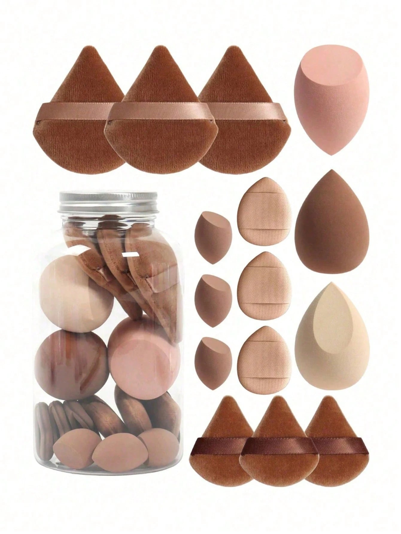 1/15pcs Makeup Sponge Set With Storage Box, Includes 3 Large Makeup Sponges, 3 Mini Makeup Sponges, 3 Large Powder Puffs, 3 Mini Powder Puffs And 3 Mini Finger Powder Puffs, Suitable For Liquid, Cream
