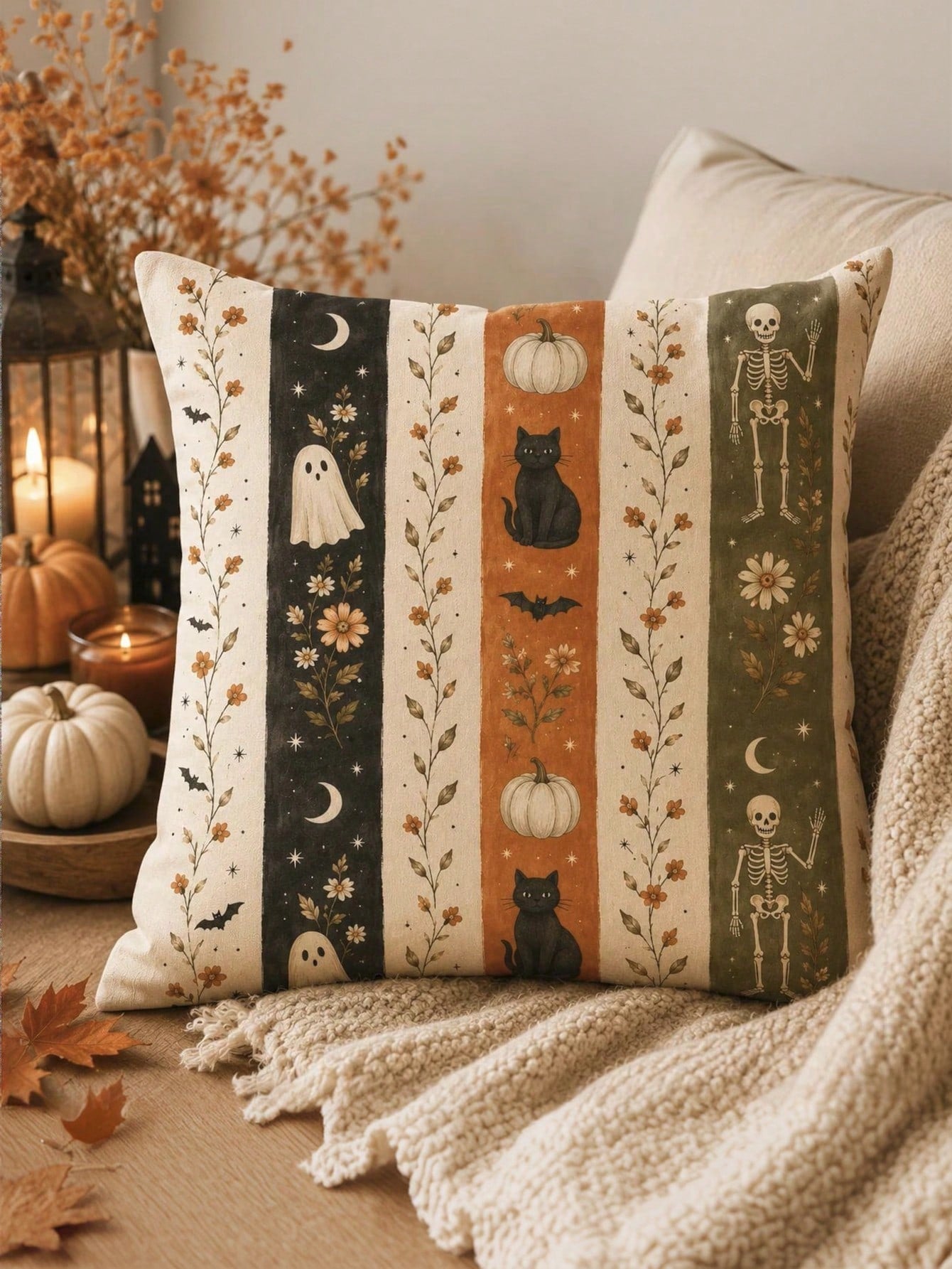 1/2/4pcs Faux Linen Halloween Gift Pillow Covers, Halloween Gift, Vintage Vertical Stripe Ghost Black Cat Pumpkin Skeleton Autumn Flower Illustration Print Pattern, Zipper Closure Easy To Remove And I