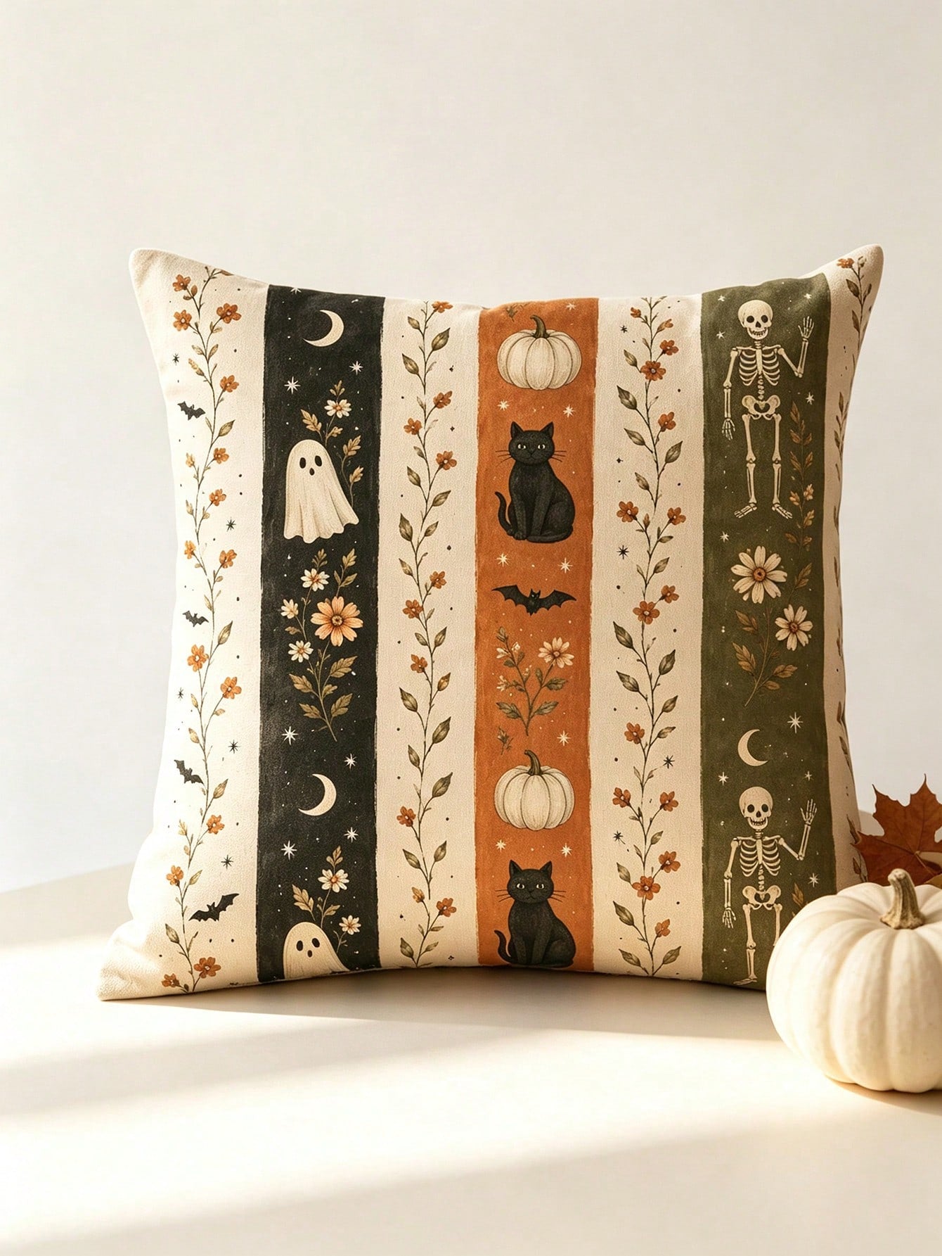 1/2/4pcs Faux Linen Halloween Gift Pillow Covers, Halloween Gift, Vintage Vertical Stripe Ghost Black Cat Pumpkin Skeleton Autumn Flower Illustration Print Pattern, Zipper Closure Easy To Remove And I