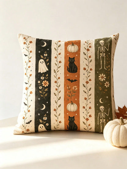 1/2/4pcs Faux Linen Halloween Gift Pillow Covers, Halloween Gift, Vintage Vertical Stripe Ghost Black Cat Pumpkin Skeleton Autumn Flower Illustration Print Pattern, Zipper Closure Easy To Remove And I