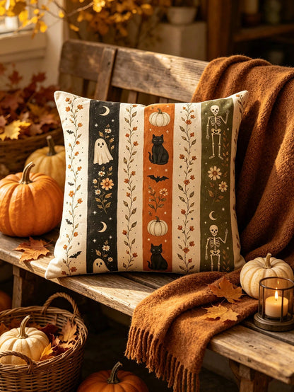1/2/4pcs Faux Linen Halloween Gift Pillow Covers, Halloween Gift, Vintage Vertical Stripe Ghost Black Cat Pumpkin Skeleton Autumn Flower Illustration Print Pattern, Zipper Closure Easy To Remove And I