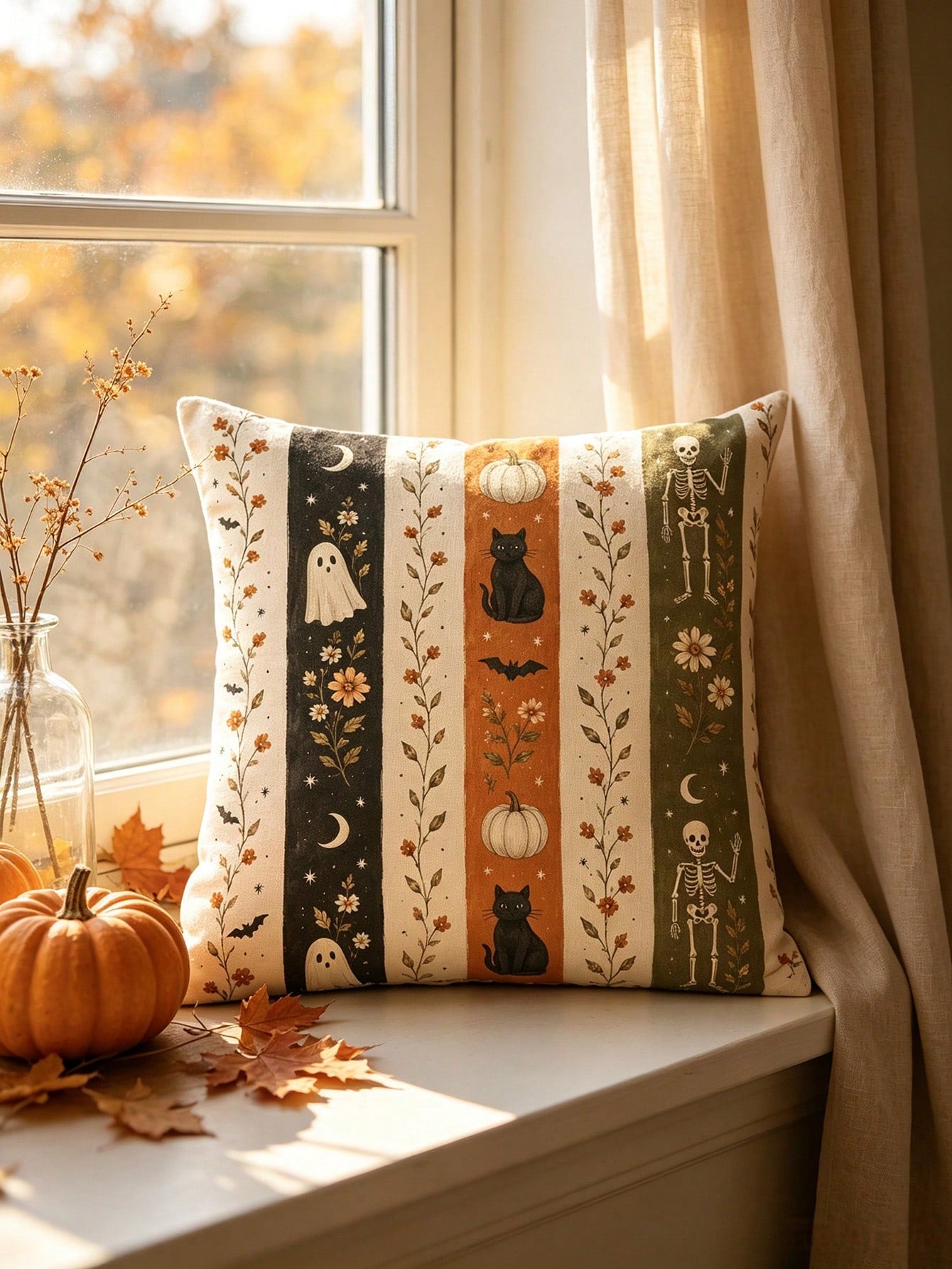 1/2/4pcs Faux Linen Halloween Gift Pillow Covers, Halloween Gift, Vintage Vertical Stripe Ghost Black Cat Pumpkin Skeleton Autumn Flower Illustration Print Pattern, Zipper Closure Easy To Remove And I
