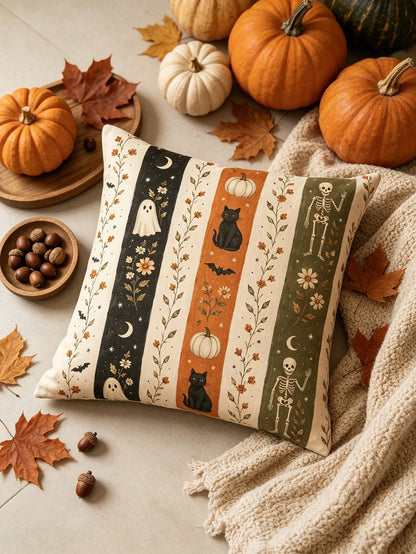 1/2/4pcs Faux Linen Halloween Gift Pillow Covers, Halloween Gift, Vintage Vertical Stripe Ghost Black Cat Pumpkin Skeleton Autumn Flower Illustration Print Pattern, Zipper Closure Easy To Remove And I