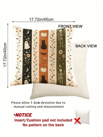 1/2/4pcs Faux Linen Halloween Gift Pillow Covers, Halloween Gift, Vintage Vertical Stripe Ghost Black Cat Pumpkin Skeleton Autumn Flower Illustration Print Pattern, Zipper Closure Easy To Remove And I