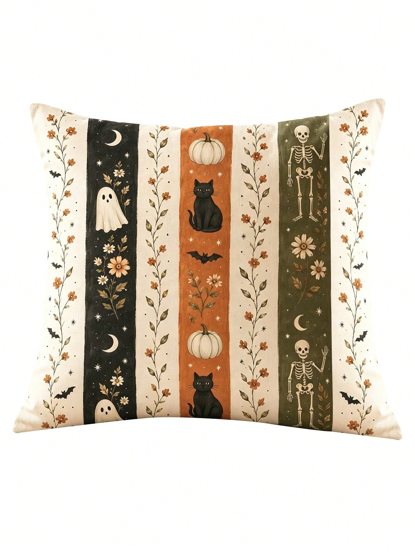 1/2/4pcs Faux Linen Halloween Gift Pillow Covers, Halloween Gift, Vintage Vertical Stripe Ghost Black Cat Pumpkin Skeleton Autumn Flower Illustration Print Pattern, Zipper Closure Easy To Remove And I