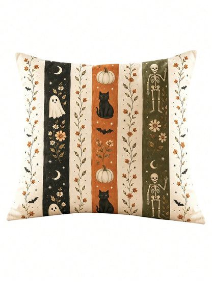1/2/4pcs Faux Linen Halloween Gift Pillow Covers, Halloween Gift, Vintage Vertical Stripe Ghost Black Cat Pumpkin Skeleton Autumn Flower Illustration Print Pattern, Zipper Closure Easy To Remove And I