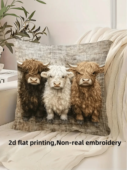 1/2/4pcs Highland Cow Pillow Covers- 2D Flat Print, Polyester Fabric, Warm Brown And Beige Design, Faux Embroidery Flat Print Pattern, Suitable For Home Decor, Cow Theme Decor, Cozy Room Decor, Count