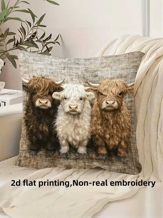 1/2/4pcs Highland Cow Pillow Covers- 2D Flat Print, Polyester Fabric, Warm Brown And Beige Design, Faux Embroidery Flat Print Pattern, Suitable For Home Decor, Cow Theme Decor, Cozy Room Decor, Count