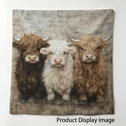 1/2/4pcs Highland Cow Pillow Covers- 2D Flat Print, Polyester Fabric, Warm Brown And Beige Design, Faux Embroidery Flat Print Pattern, Suitable For Home Decor, Cow Theme Decor, Cozy Room Decor, Count