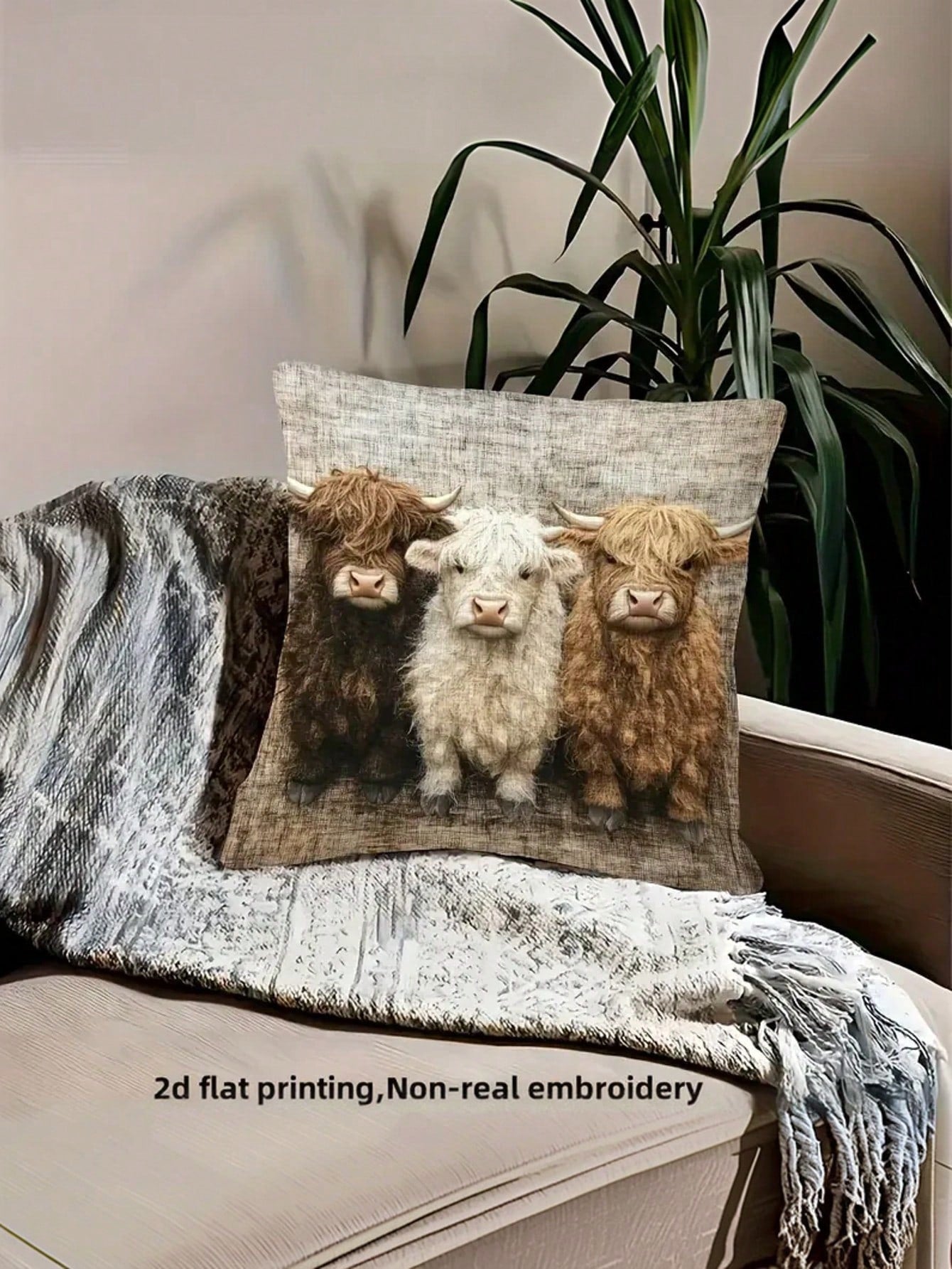 1/2/4pcs Highland Cow Pillow Covers- 2D Flat Print, Polyester Fabric, Warm Brown And Beige Design, Faux Embroidery Flat Print Pattern, Suitable For Home Decor, Cow Theme Decor, Cozy Room Decor, Count
