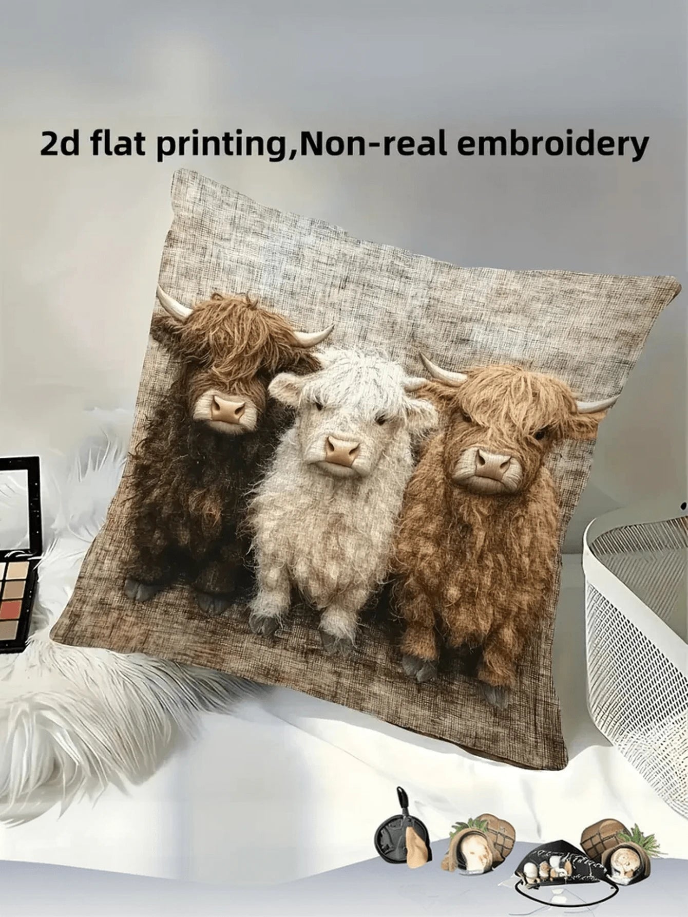 1/2/4pcs Highland Cow Pillow Covers- 2D Flat Print, Polyester Fabric, Warm Brown And Beige Design, Faux Embroidery Flat Print Pattern, Suitable For Home Decor, Cow Theme Decor, Cozy Room Decor, Count