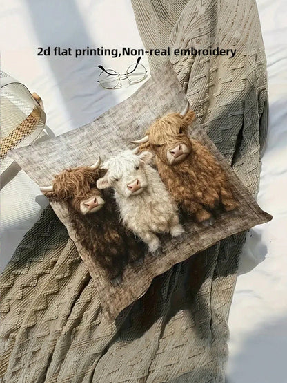1/2/4pcs Highland Cow Pillow Covers- 2D Flat Print, Polyester Fabric, Warm Brown And Beige Design, Faux Embroidery Flat Print Pattern, Suitable For Home Decor, Cow Theme Decor, Cozy Room Decor, Count