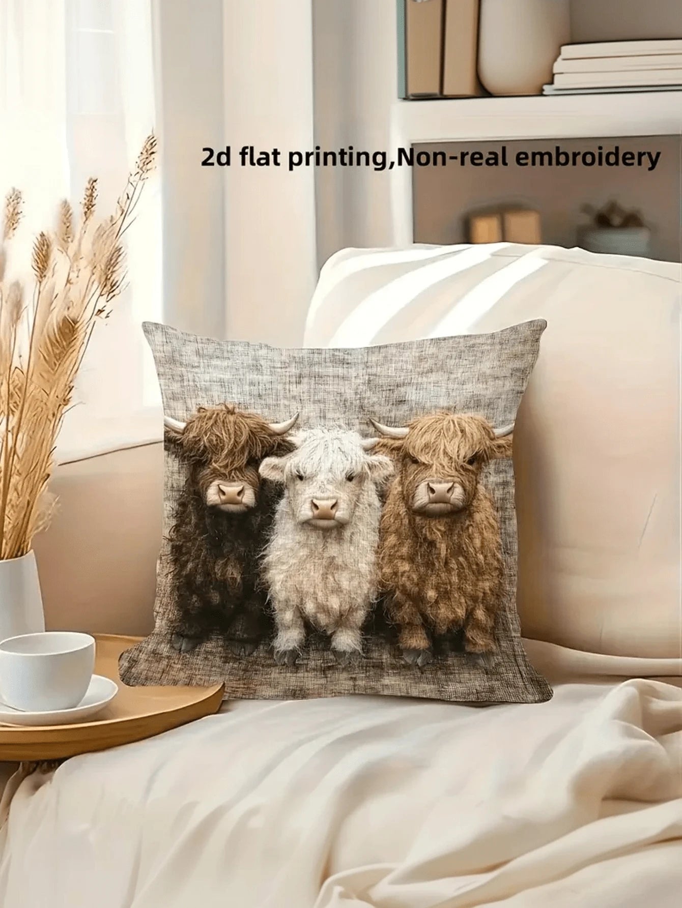1/2/4pcs Highland Cow Pillow Covers- 2D Flat Print, Polyester Fabric, Warm Brown And Beige Design, Faux Embroidery Flat Print Pattern, Suitable For Home Decor, Cow Theme Decor, Cozy Room Decor, Count