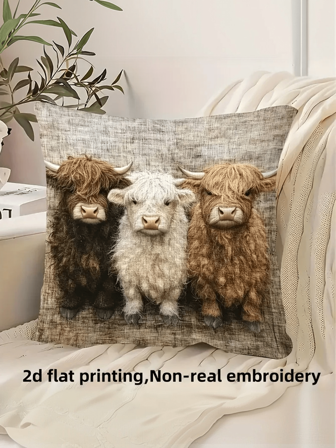 1/2/4pcs Highland Cow Pillow Covers- 2D Flat Print, Polyester Fabric, Warm Brown And Beige Design, Faux Embroidery Flat Print Pattern, Suitable For Home Decor, Cow Theme Decor, Cozy Room Decor, Count