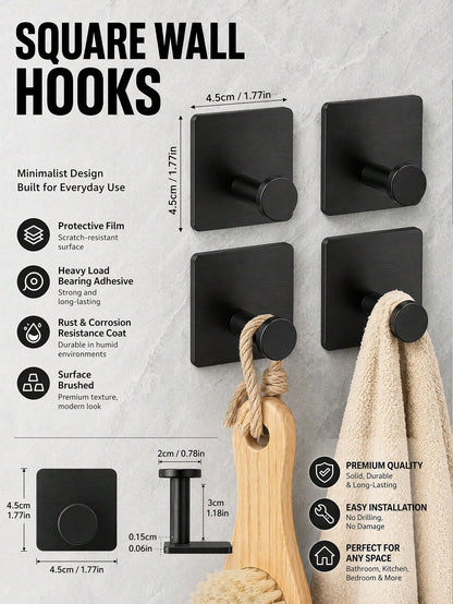 1/2/4pcs Square Adhesive Hooks, No Drilling Wall Mounted Towel Hooks, Hanger Rack, Shower Organizer, Essential For Home & Apartment, Bathroom & Kitchen Storage Bathroom Accessories