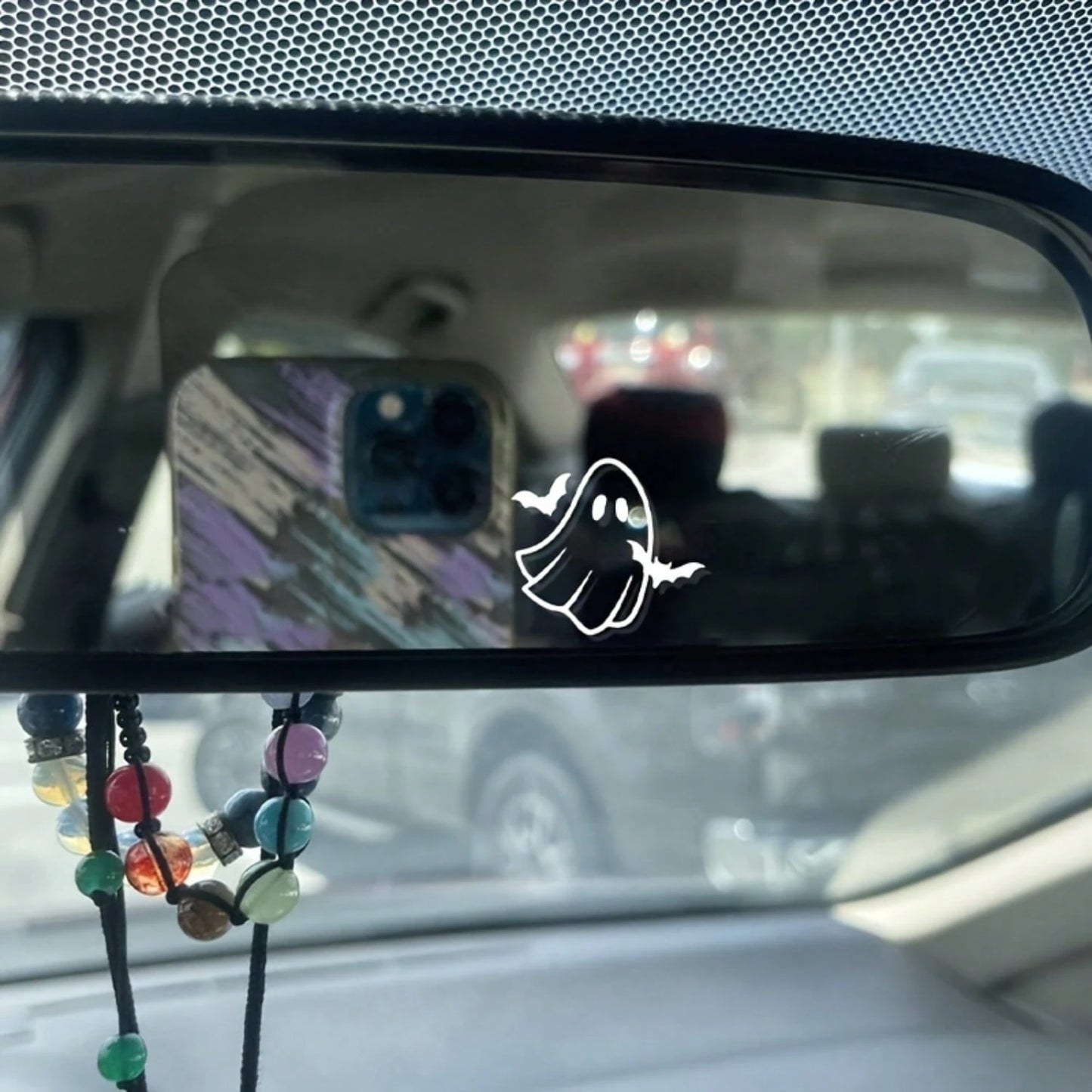 1/2/5pcs Minimalist Ghost Bat Rearview Mirror Car Vinyl Stickers,Cute Simple Line Art Ghost With Tiny Bats Design,Waterproof Removable Rear View Mirror Decor Stickers,Spooky Halloween Mini Ghost Bat C