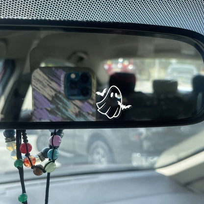 1/2/5pcs Minimalist Ghost Bat Rearview Mirror Car Vinyl Stickers,Cute Simple Line Art Ghost With Tiny Bats Design,Waterproof Removable Rear View Mirror Decor Stickers,Spooky Halloween Mini Ghost Bat C