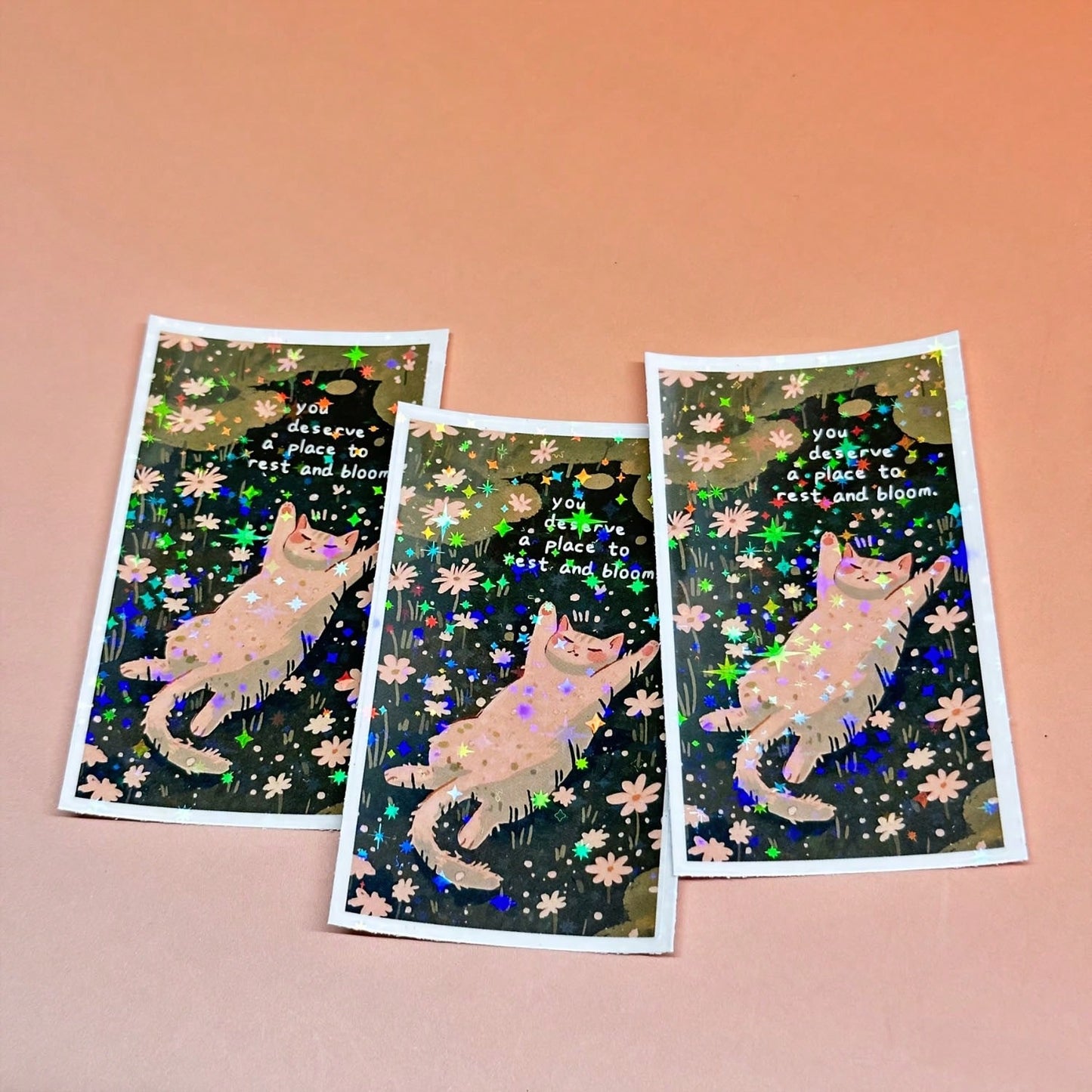 1/2/5pcs "You Deserve A Place To Rest And Bloom" Cozy Cat Napping In Daisy Garden Stickers, Suitable For Laptop, Water Bottle, Diary, Scrapbook, Mental Health Encouragement Gift For Teenage Girls And