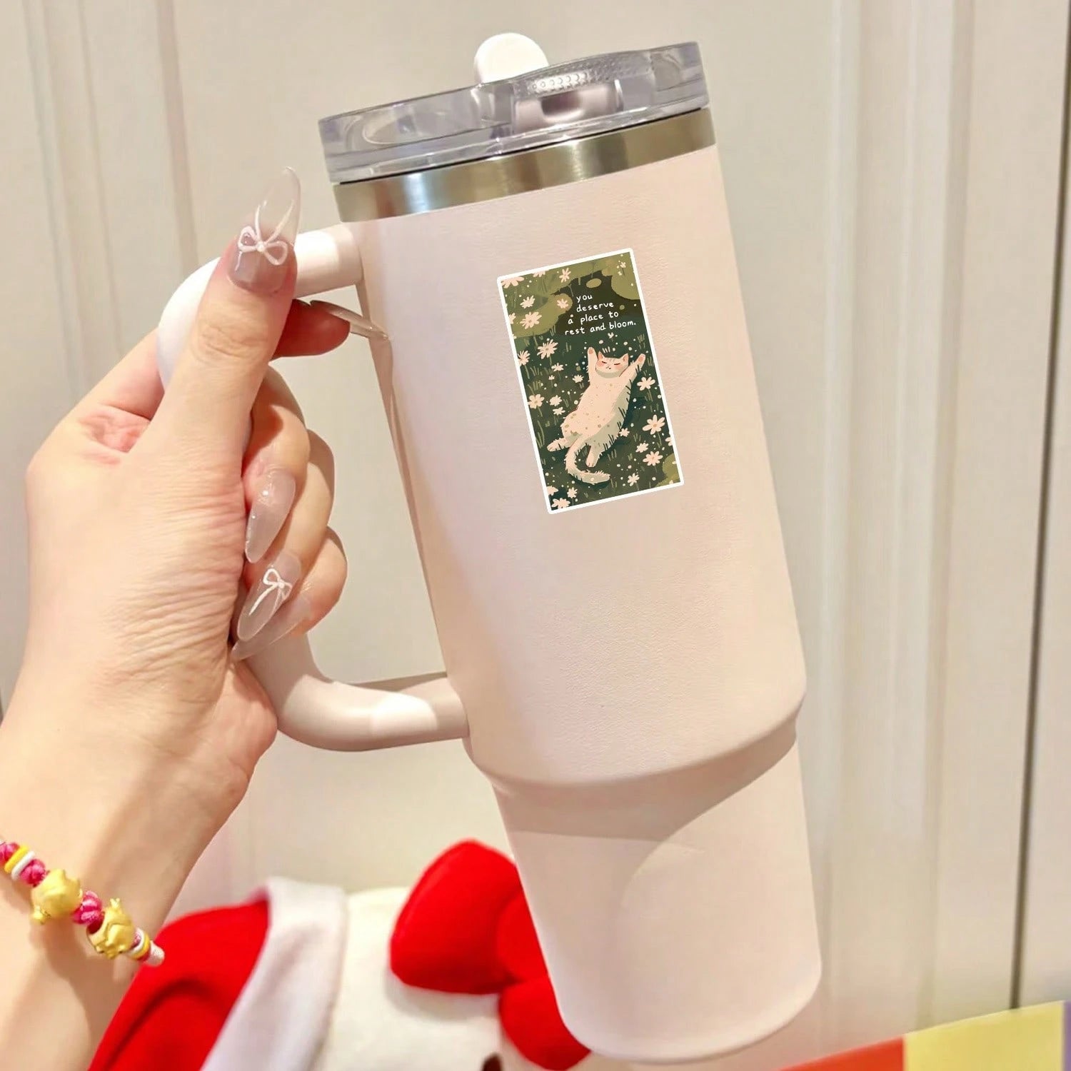 1/2/5pcs "You Deserve A Place To Rest And Bloom" Cozy Cat Napping In Daisy Garden Stickers, Suitable For Laptop, Water Bottle, Diary, Scrapbook, Mental Health Encouragement Gift For Teenage Girls And
