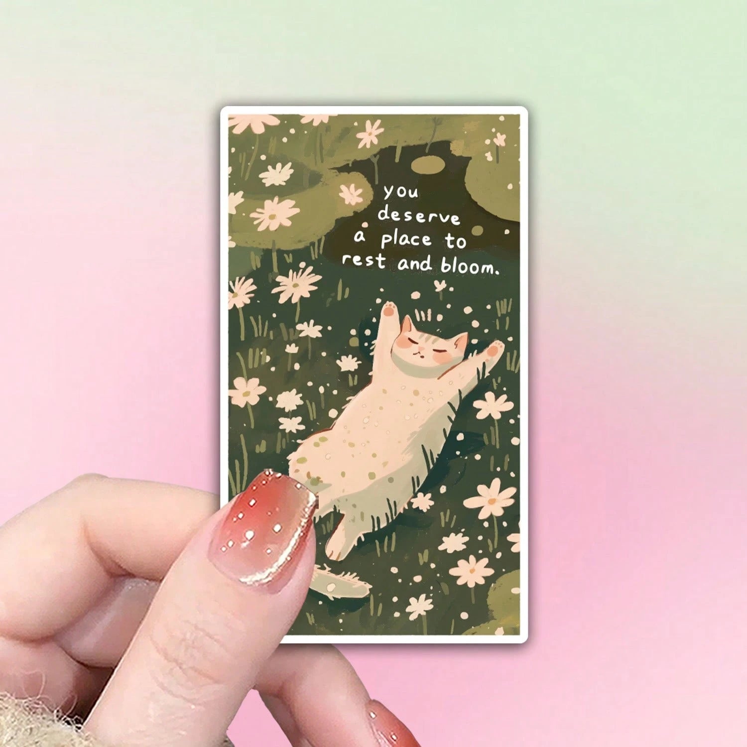 1/2/5pcs "You Deserve A Place To Rest And Bloom" Cozy Cat Napping In Daisy Garden Stickers, Suitable For Laptop, Water Bottle, Diary, Scrapbook, Mental Health Encouragement Gift For Teenage Girls And