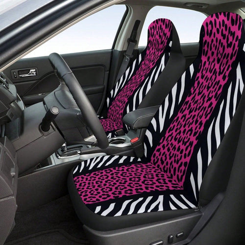 1/ 2 Pcs Universal Pink Leopard & Zebra Print Car Seat Cover, Breathable & Comfortable, Easy To Install & Clean, All-Round Seat Protection, Wild Animal Print Design, Automotive Seat Protector For Mos