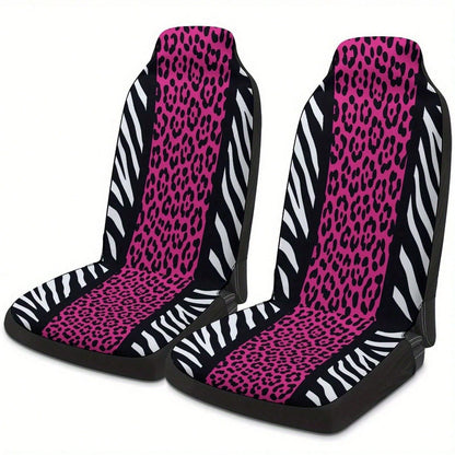 1/ 2 Pcs Universal Pink Leopard & Zebra Print Car Seat Cover, Breathable & Comfortable, Easy To Install & Clean, All-Round Seat Protection, Wild Animal Print Design, Automotive Seat Protector For Mos