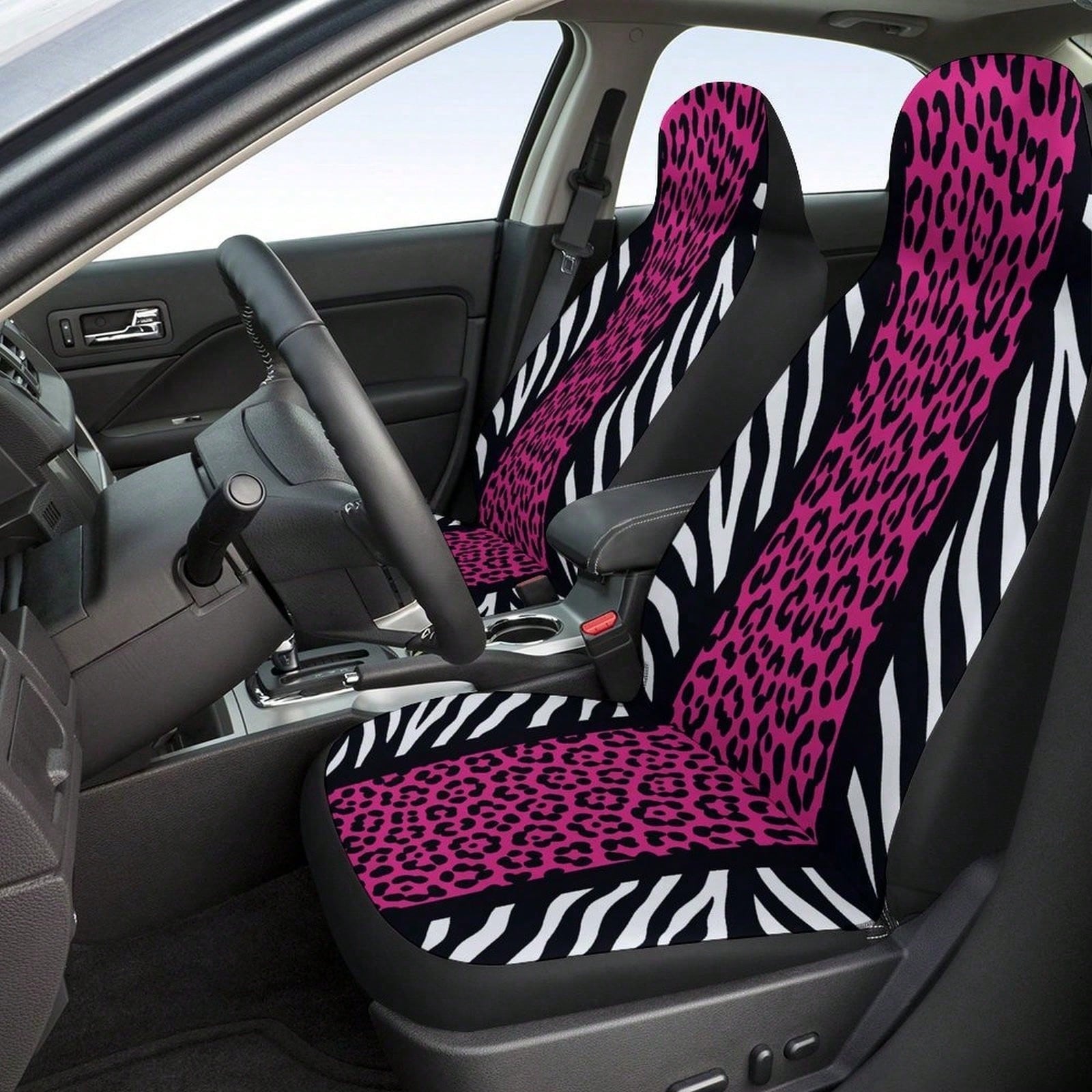 1/ 2 Pcs Universal Pink Leopard & Zebra Print Car Seat Cover, Breathable & Comfortable, Easy To Install & Clean, All-Round Seat Protection, Wild Animal Print Design, Automotive Seat Protector For Mos
