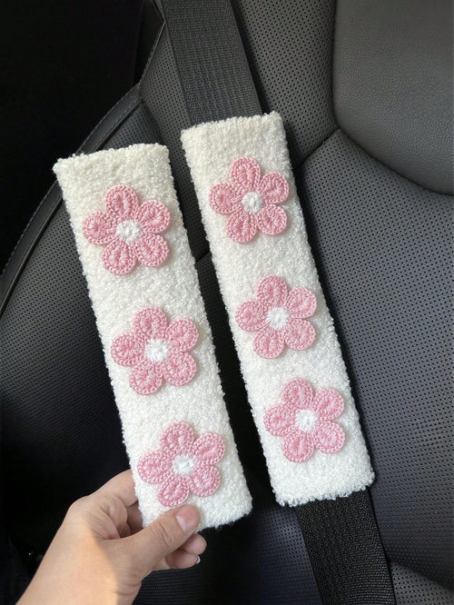 1/2pcs Car Seat Belt Wool Flower Protector Cover